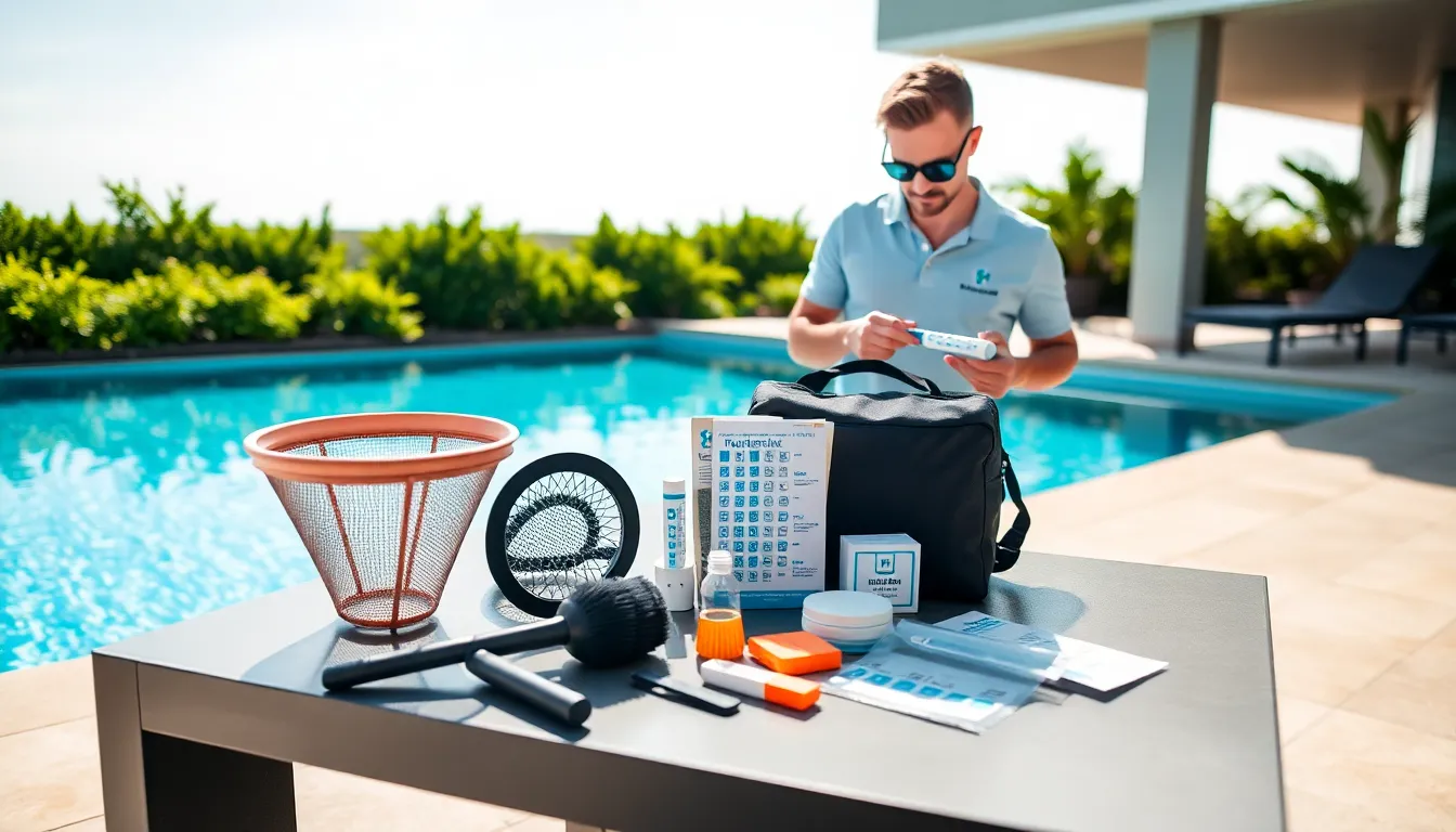 A pool maintenance kit on a patio by a clear swimming pool.