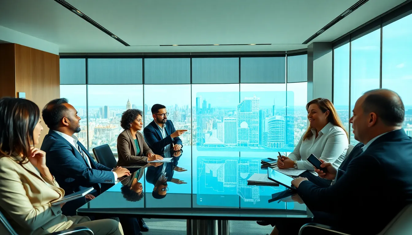 diverse professionals discussing emerging real estate trends in a modern conference room.