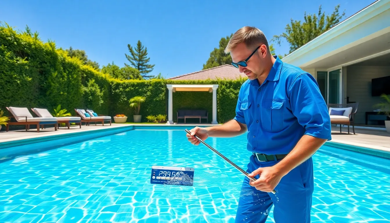 pool technician performing maintenance in a modern backyard setting.