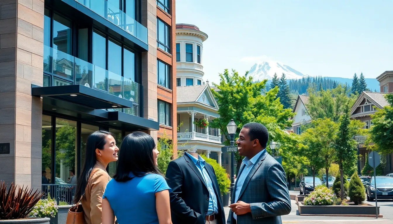 diverse professionals discussing real estate in Portland's urban landscape.