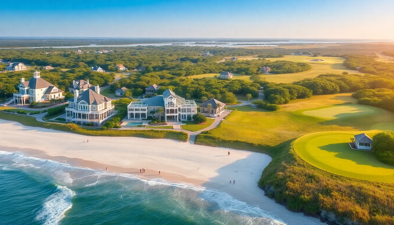 Aerial view of Kiawah Island with luxurious homes and coastline.