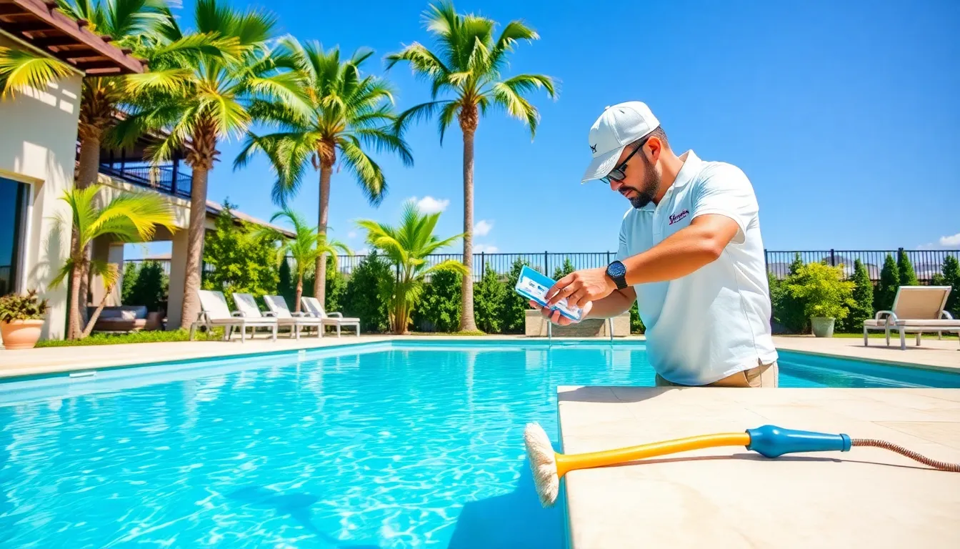 pool maintenance technician testing water at a Houston backyard pool.