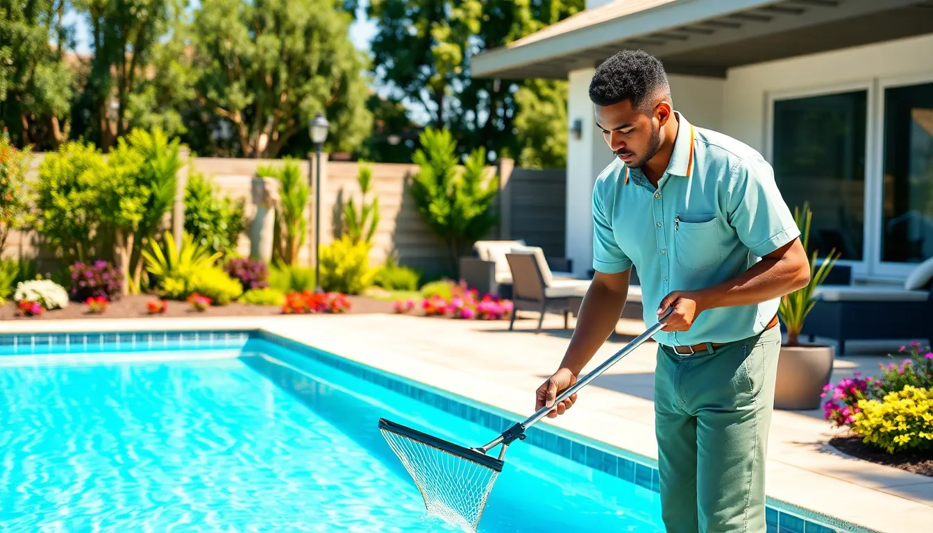 pool maintenance professional cleaning a clear pool in a sunny backyard.