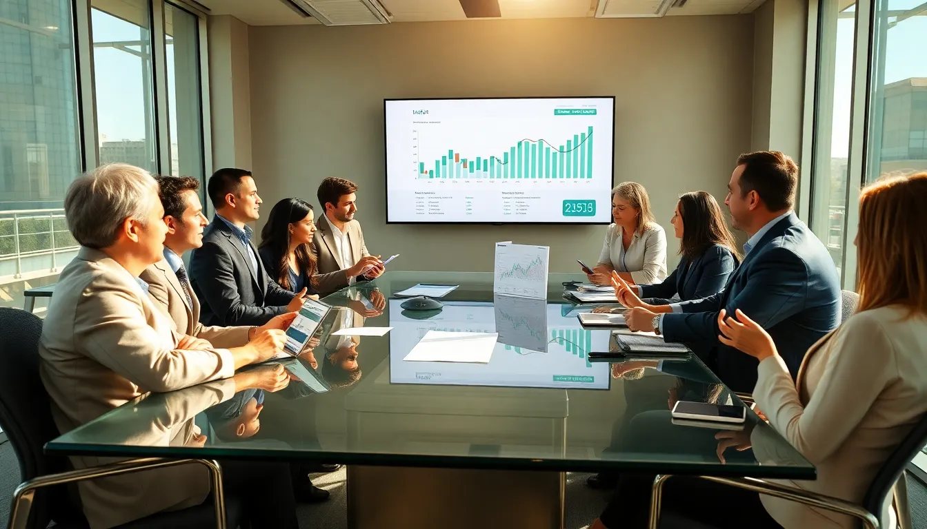 real estate professionals discussing market trends in an office.