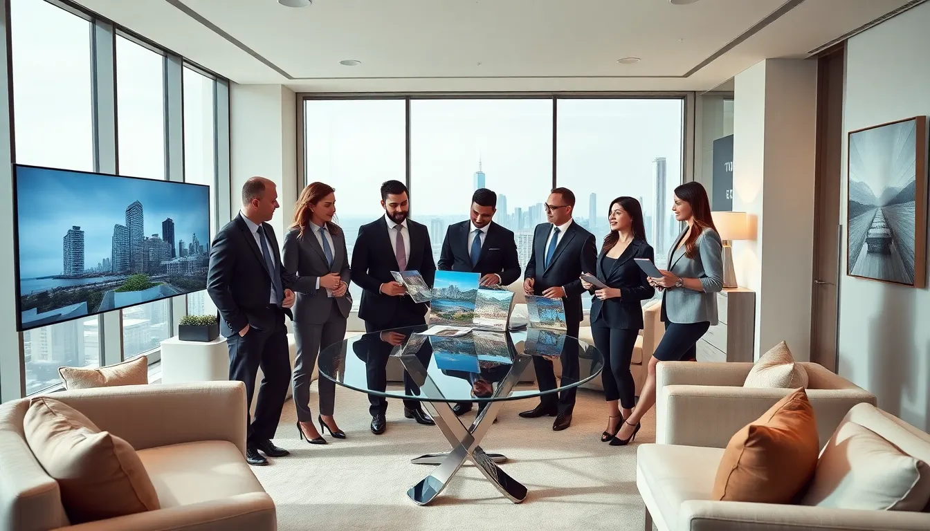 professionals discussing luxury real estate in a modern office.
