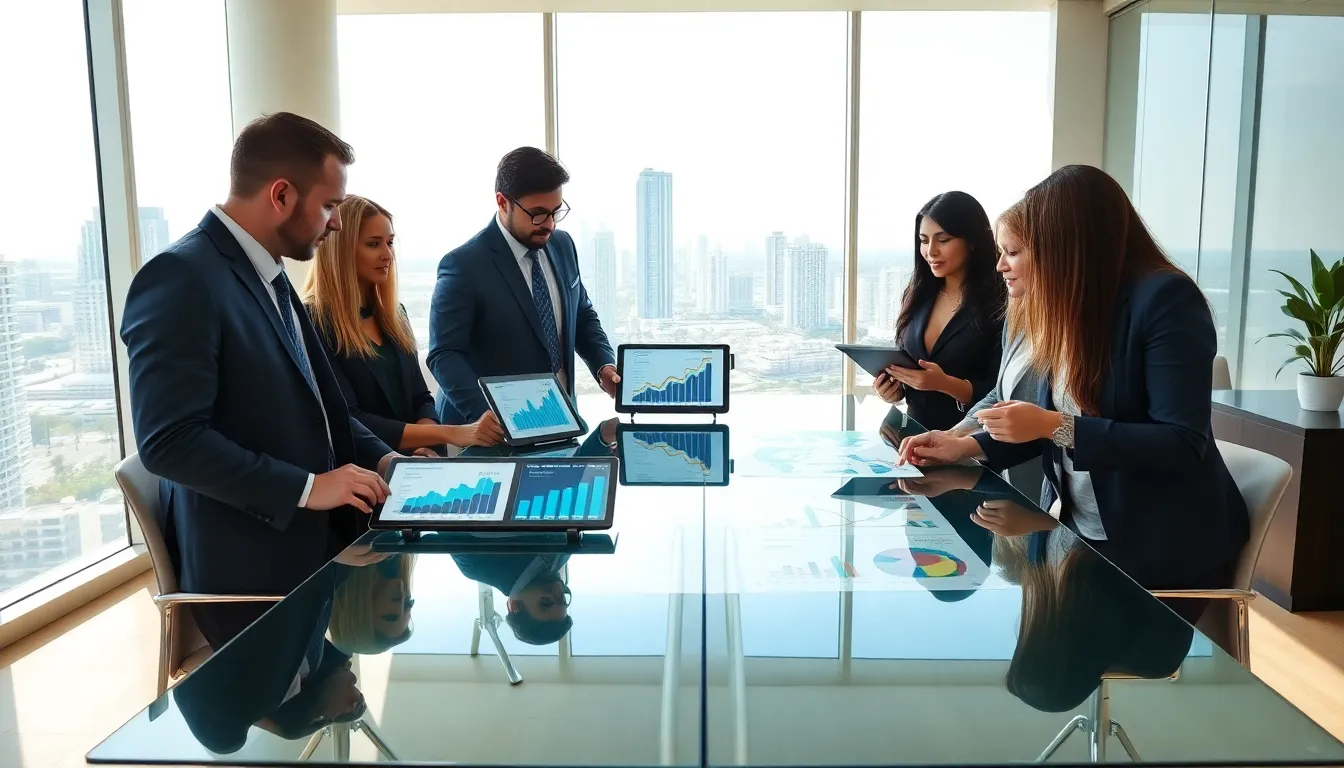 diverse real estate team discussing Miami market trends in a modern office.