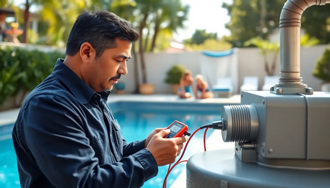 technician servicing a pool heater in a sunny backyard setting.