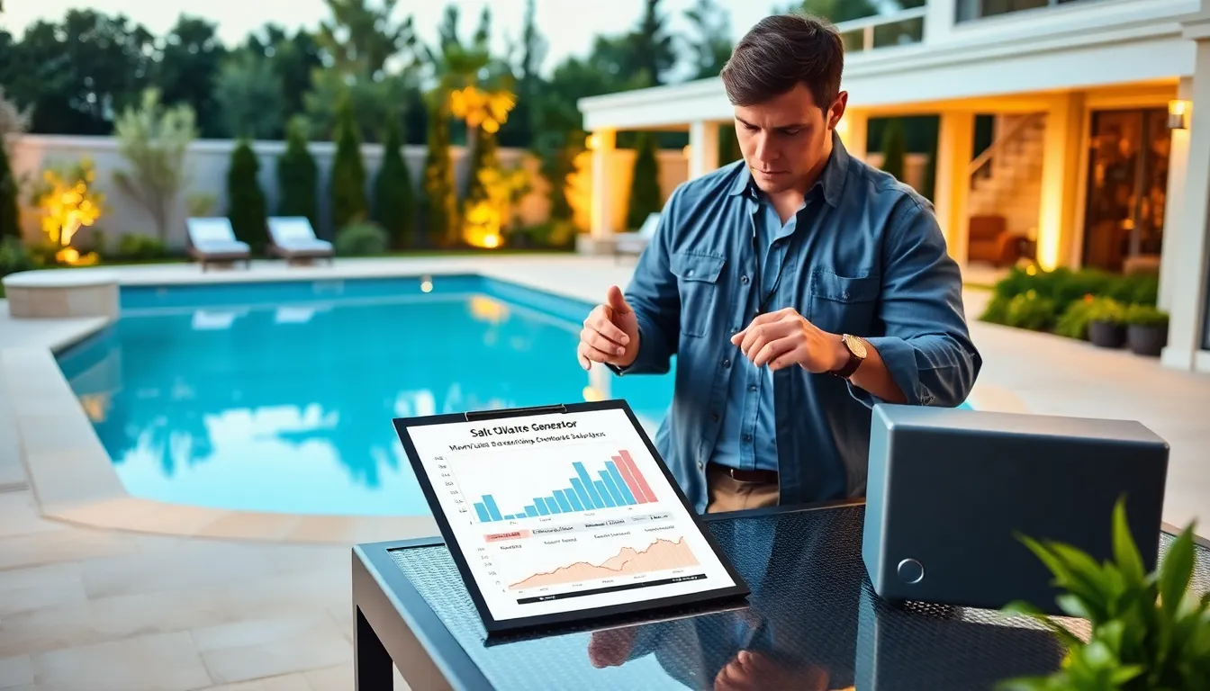 professional inspecting a salt water pool's chlorine generator.